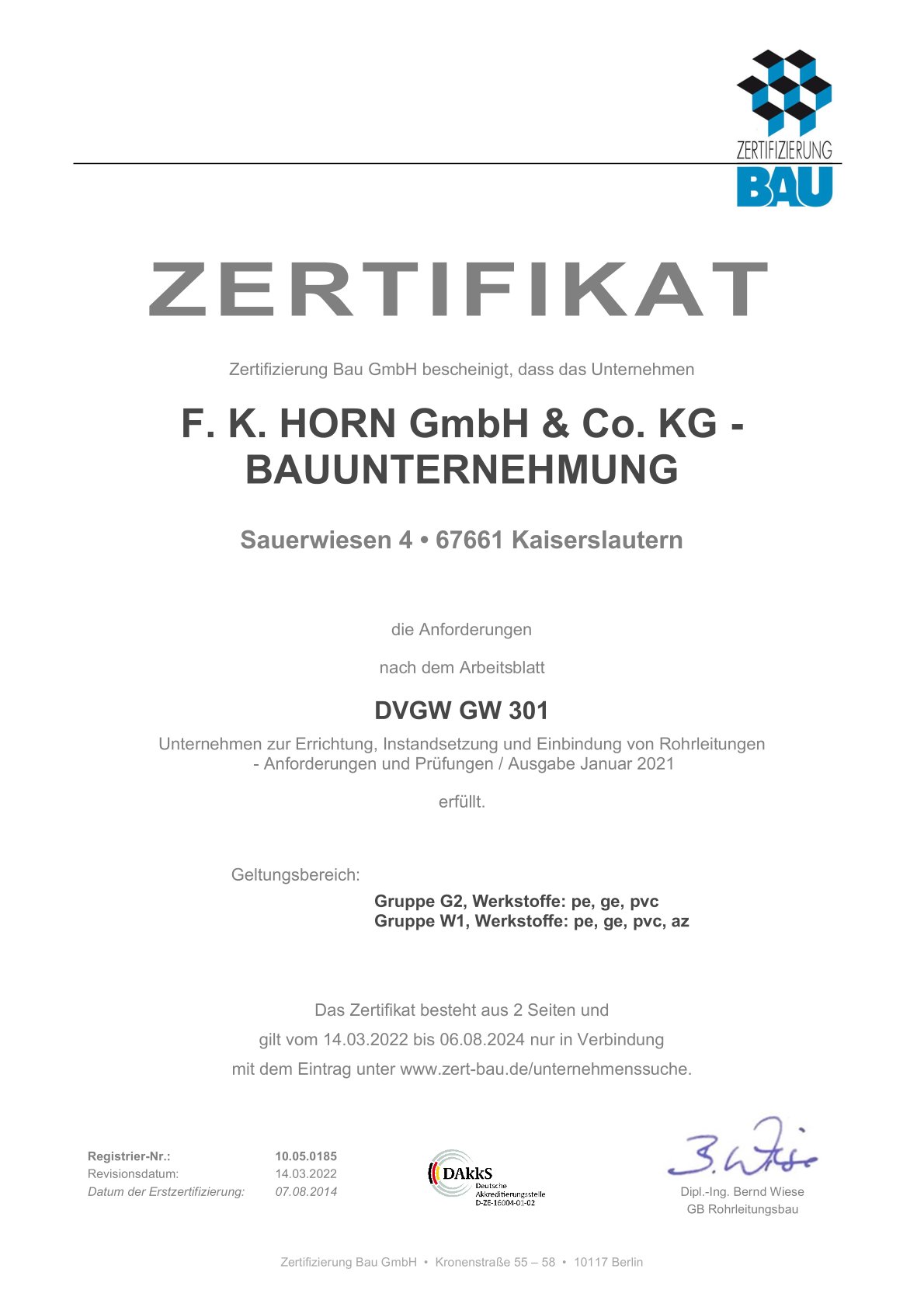 Abbildung: Zertifikat DVGW-Fachunternehmen (Gas- und Wasserrohrleitungsbau)